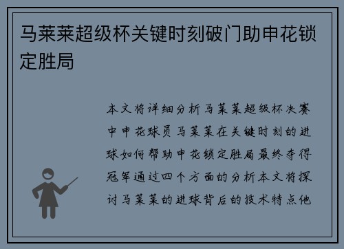 马莱莱超级杯关键时刻破门助申花锁定胜局